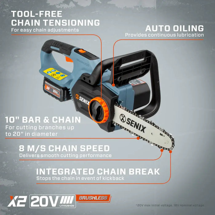 CSX2-M-0 Senix 20 Volt Max 10-Inch Cordless Chain Saw - Tool Only