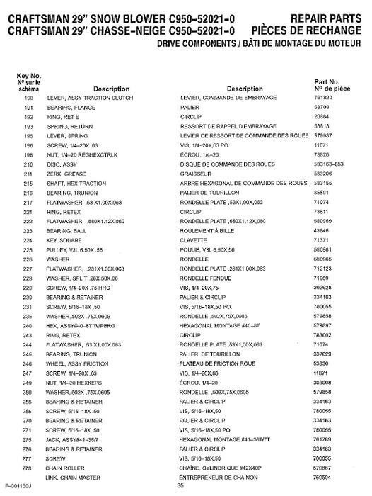 C950-52021-0 Craftsman 29" Snowblower Part Lists