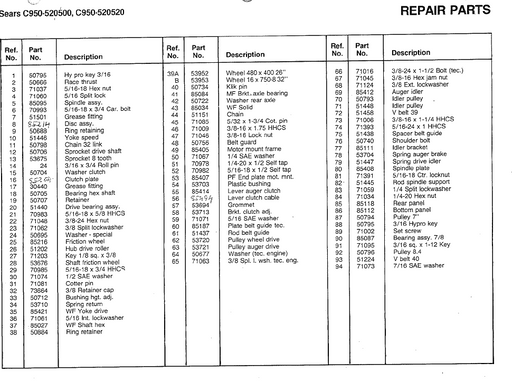 Craftsman Snowblower Parts List for Models C950-52050-0 C950-52052-0