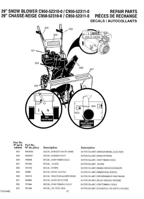 Craftsman 29" Snowblower Parts List for Models C950-52310-0 C950-52311-0