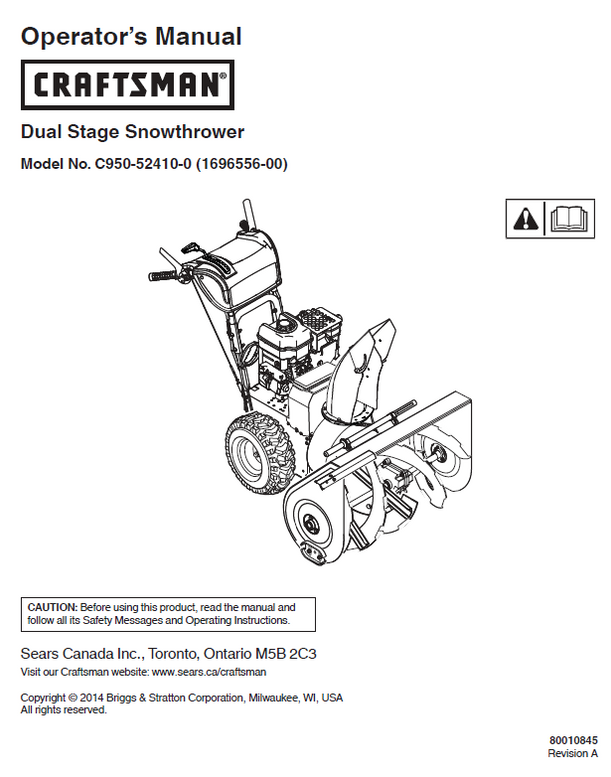 C950-52410-0 Manual for Craftsman Dual Stage Snow Thrower — DR Mower Parts