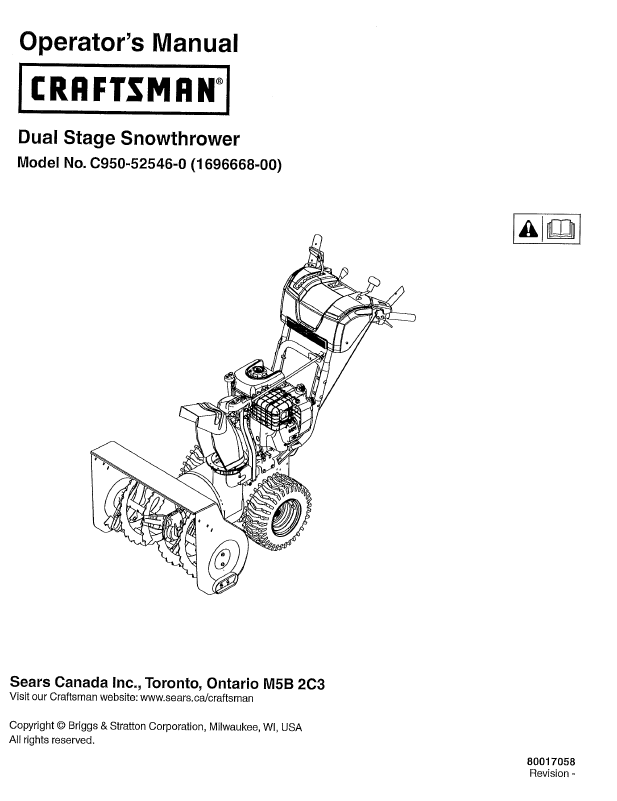 C950-52546-0 Manual for Craftsman Dual Stage Snow Thrower — DR Mower Parts