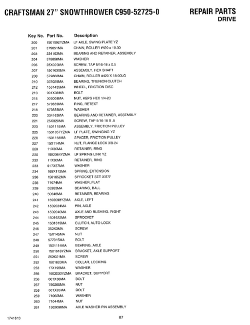 C950-52725-0 Craftsman 27" Snow Thrower Parts List