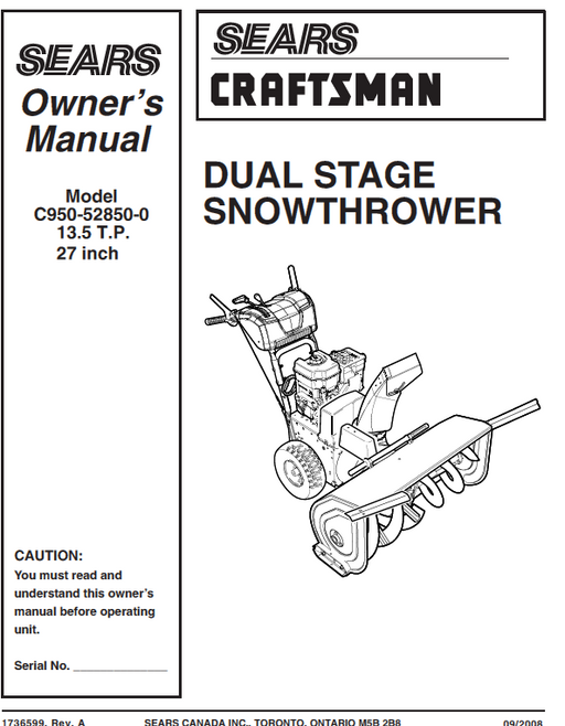 C950.52850-0 Manual for Craftsman 13.5 TP 27" Dual Stage Snow Thrower