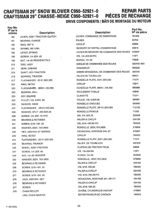 C950-52921-0 Craftsman 29" Snowblower Parts List