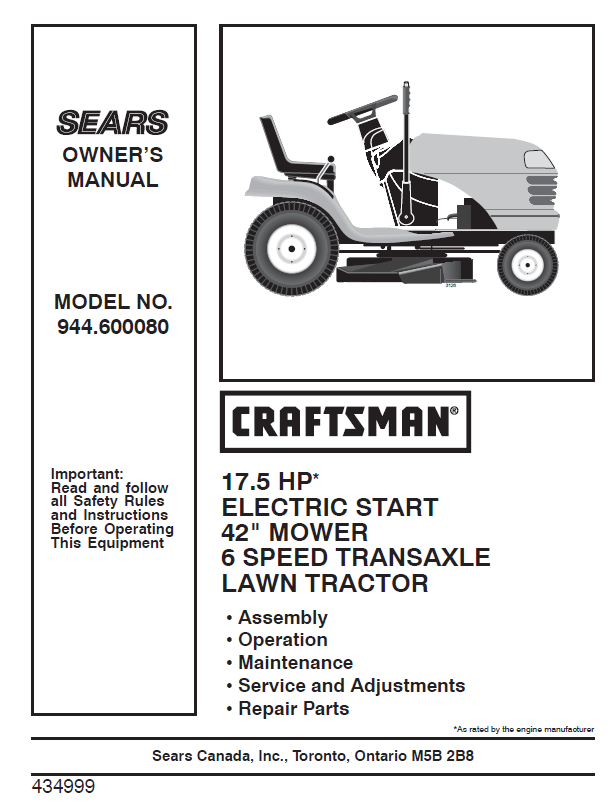 944.600080 Manual for Craftsman 17.5 HP 42