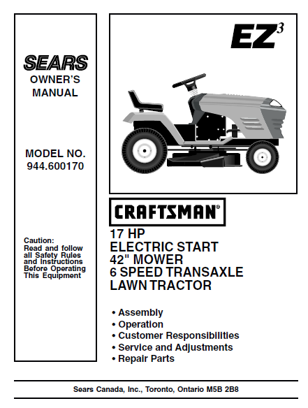 944.600170 Manual for Craftsman 17.0 HP 42" Lawn Tractor