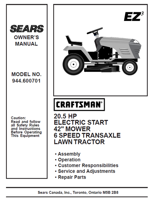 944.600701 Manual for Craftsman 20.5 HP 42 Lawn Tractor DR Mower Parts