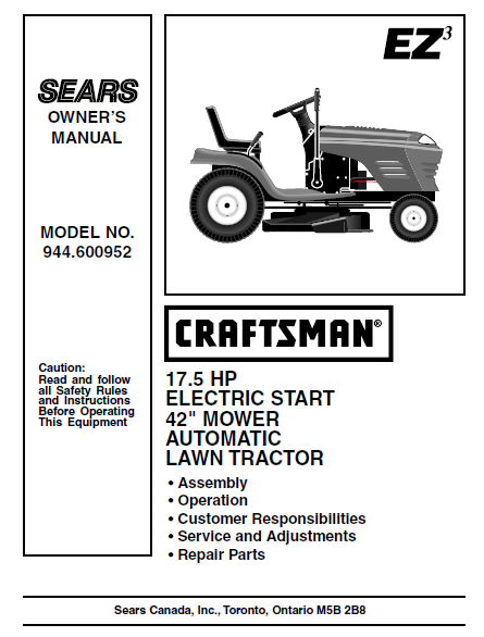 944.600952 Manual for Craftsman 17.5 HP 42" Lawn Tractor