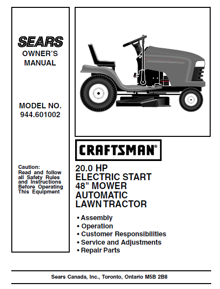944.601002 Manual for Craftsman 20.0 HP 48" Lawn Tractor