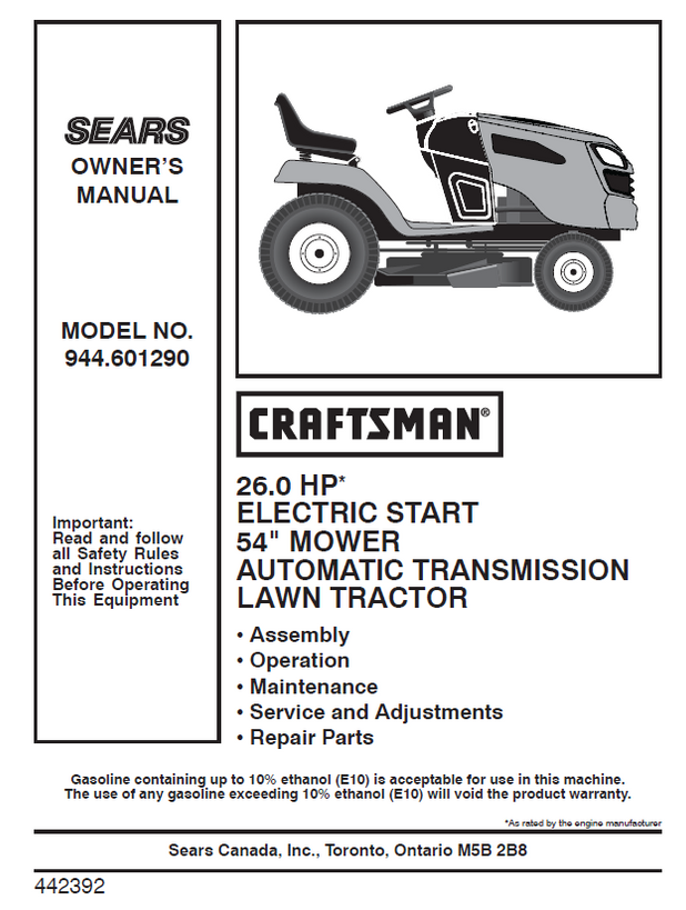 944.601290 Manual for Craftsman 26.0 HP 54