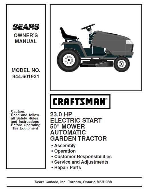 944.601931 Manual for Craftsman 23.0 HP 50" Lawn Tractor