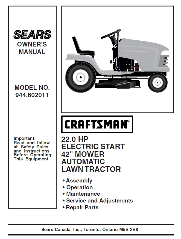 944.602011 Manual for Craftsman 22.0 HP 42