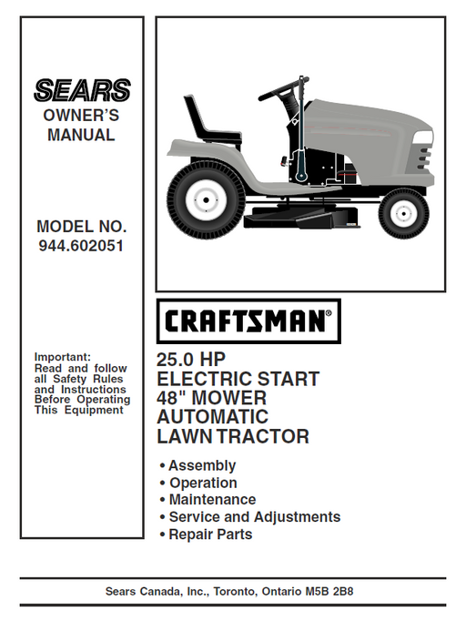 944.602051 Manual for Craftsman 25.0 HP 48" Lawn Tractor