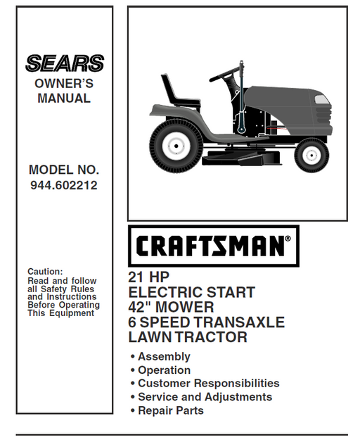 944.602212 Manual for Craftsman 21.0 HP 42" Lawn Tractor