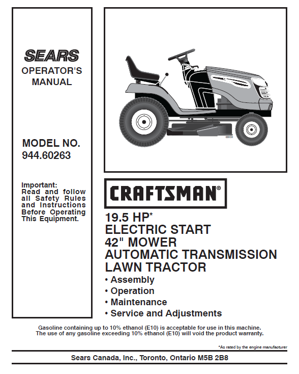 944.60263 Manual for Craftsman 19.5 HP 42