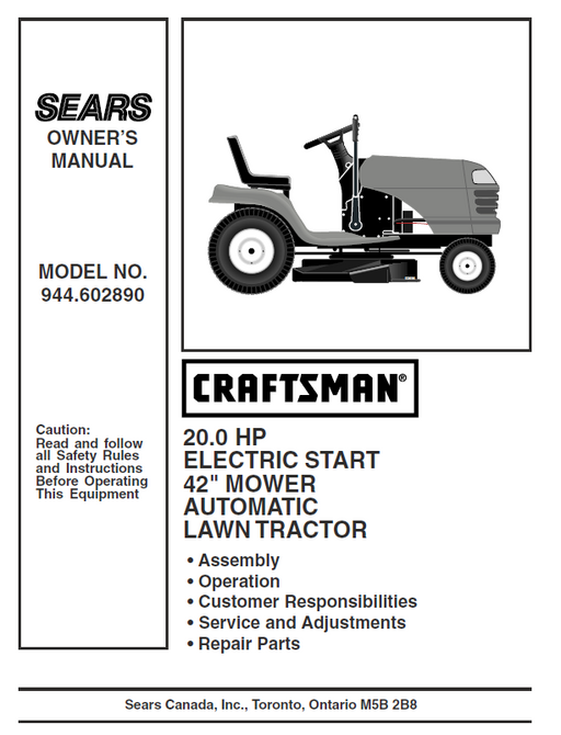 944.602890 Manual for Craftsman 20.0 HP 42“ Lawn Tractor