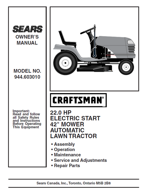 944.603010 Manual for Craftsman 22.0 HP 42“ Lawn Tractor