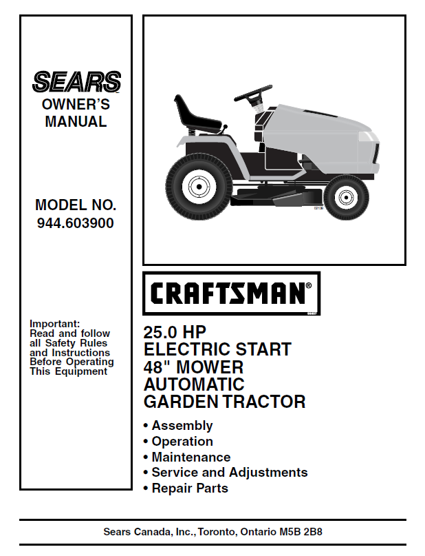 944.603900 Manual for Craftsman 25.0 HP 48