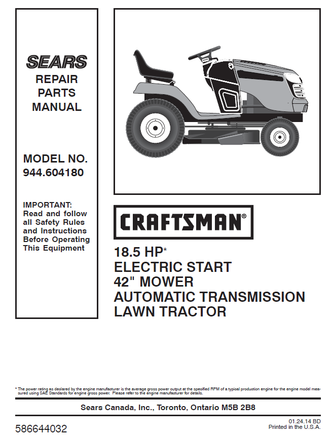 944.604180 Manual for Craftsman 18.5 HP 42