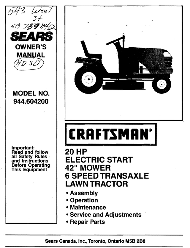 944.604200 Manual for Craftsman 20 HP 42