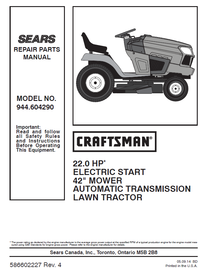 944.604290 Manual for Craftsman 22.0 HP 42