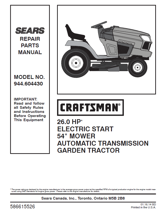 Craftsman 14.5 hp lawn shop tractor parts