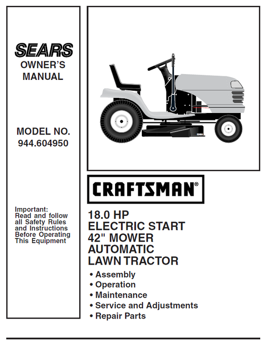 944.604950 Manual for Craftsman 18.0 HP 42" Lawn Tractor