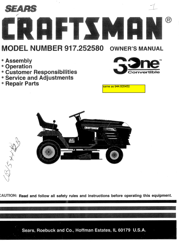 944.605450 Manual for Craftsman 15.5 HP Lawn Tractor 917.252580 — DR ...