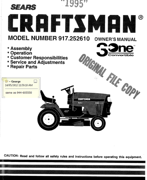 944.605550 Manual for Craftsman 15 HP Lawn Tractor 917.252610 DR Mower Parts