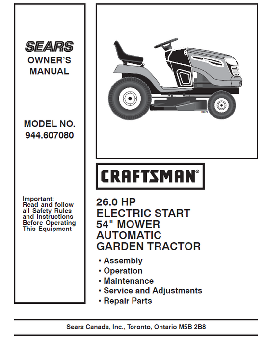 944.607080 Manual for Craftsman 26.0 HP 54" Garden Tractor