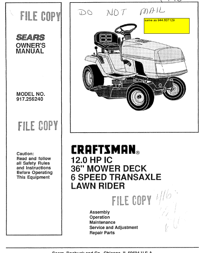 Craftsman mower parts on sale model 917