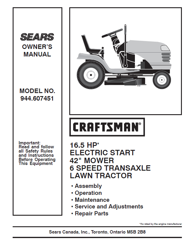 944.607451 Manual for Craftsman 16.5 HP 42