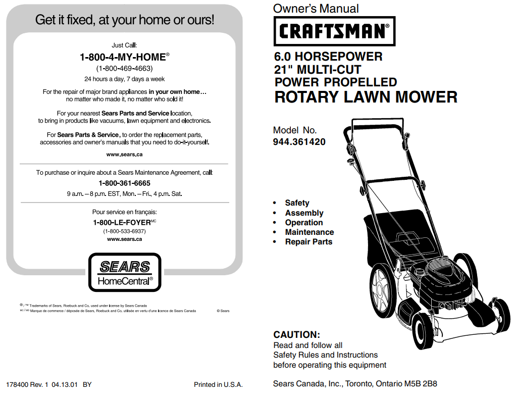 944.361420 Craftsman Rotary Lawn Mower — DR Mower Parts