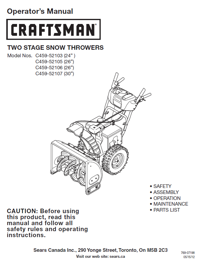 Manual for Craftsman Snow Blower C459-52103 C459-52105 C459-52106 C459 ...